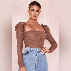House of CB Emme Mocha Ruched Chiffon Puff Sleeve Bodysuit